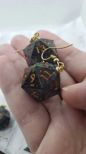 Green With Copper Ink Sharp Edge Iridescent Polyhedral Dice Earrings, DnD gift