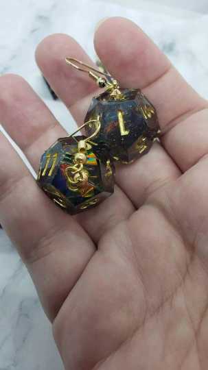 Green With Gold Ink Sharp Edge Iridescent Polyhedral Dice Earrings, DnD gift