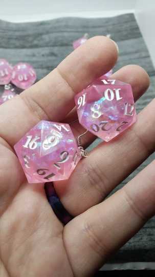 Pink Sharp Edge Iridescent Polyhedral Dice Earrings, DnD gift