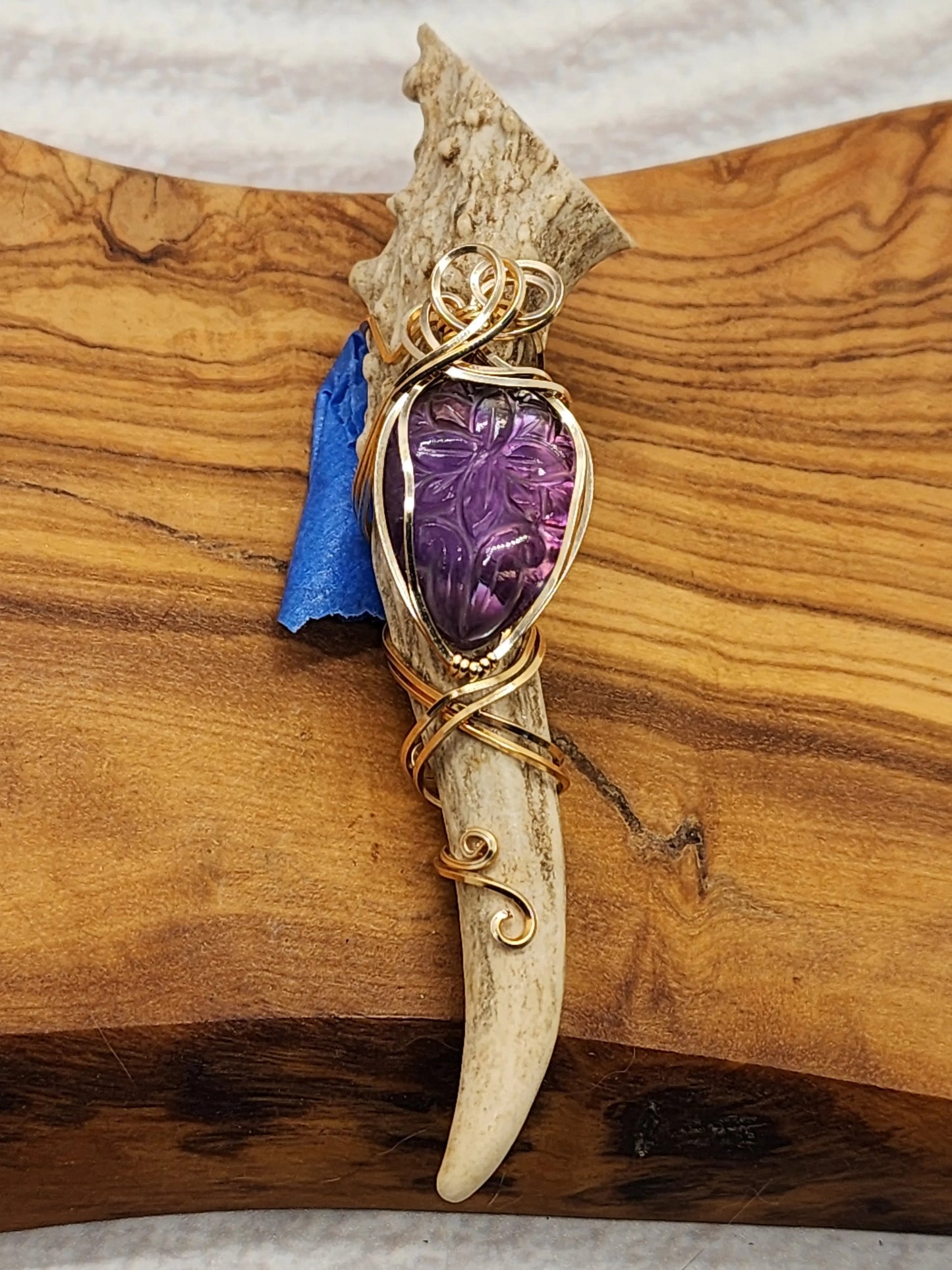 Wire Wrapped Amethyst and Antler Pendant