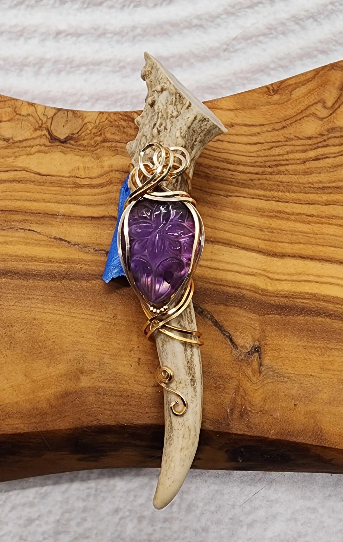 Wire Wrapped Amethyst and Antler Pendant