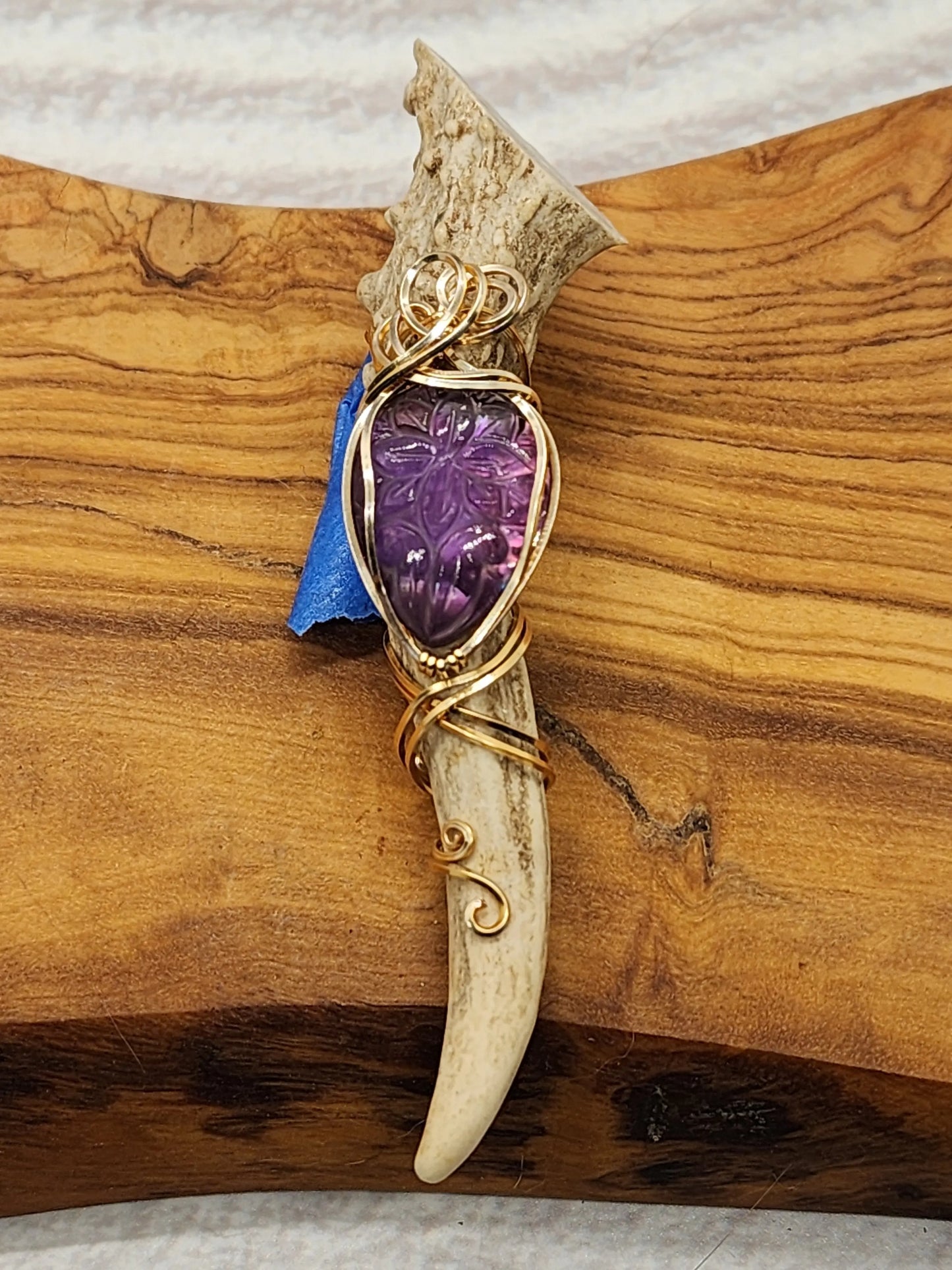 Wire Wrapped Amethyst and Antler Pendant