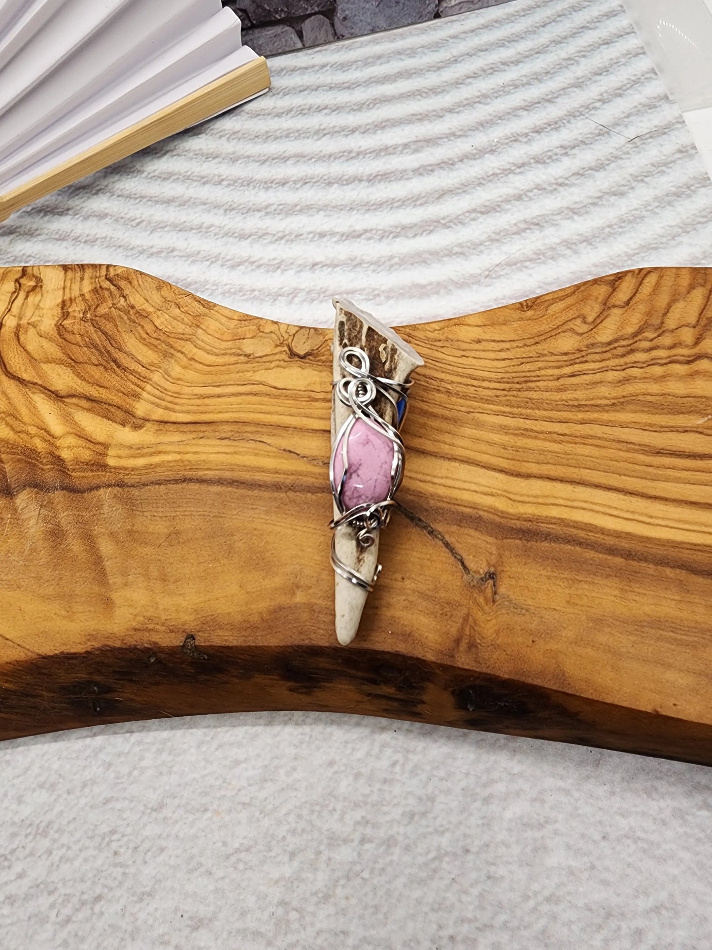Wire Wrapped Cobalt Calcite and Antler Pendant