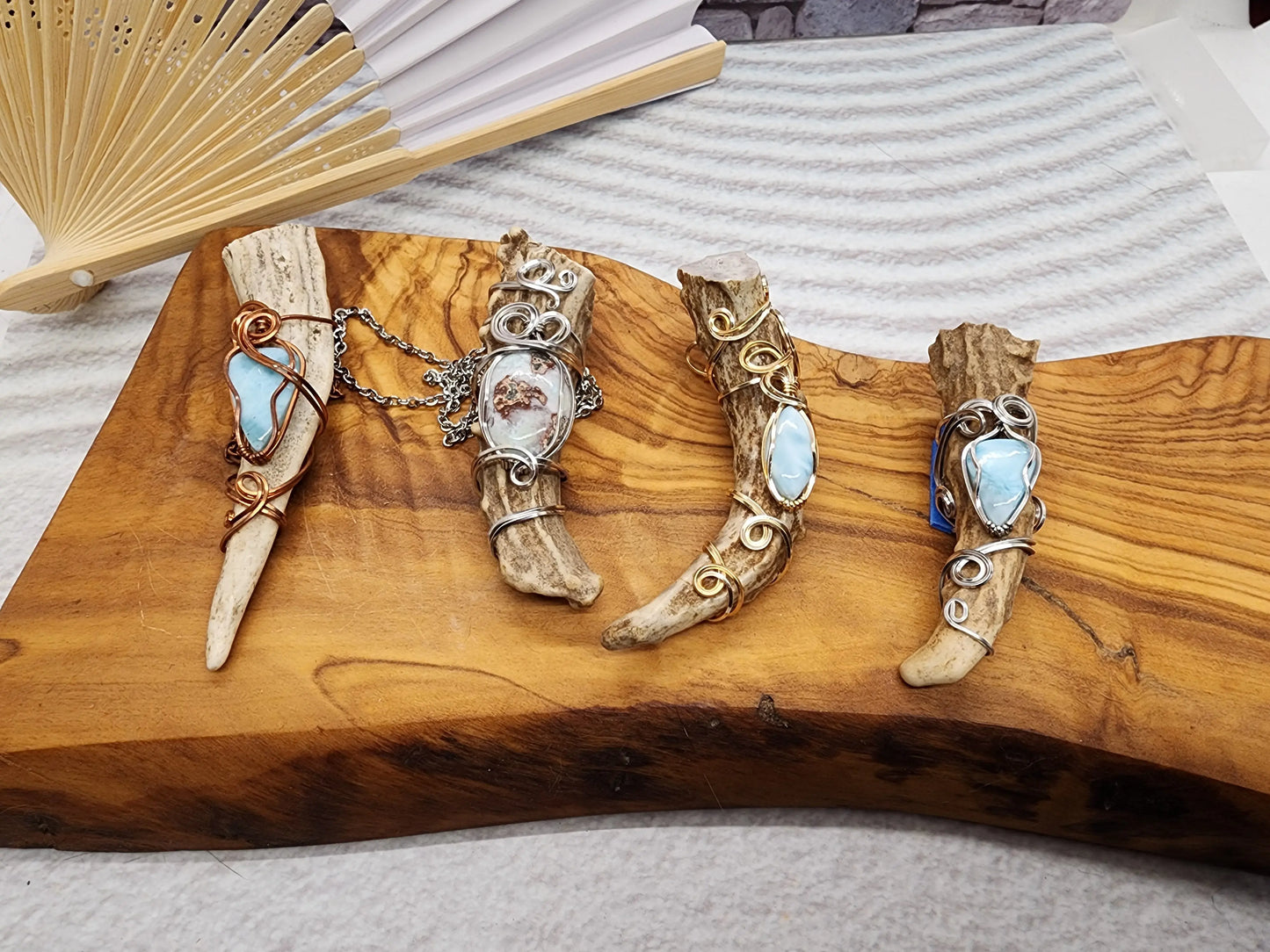 Wire Wrapped Larimar and Antler Pendant