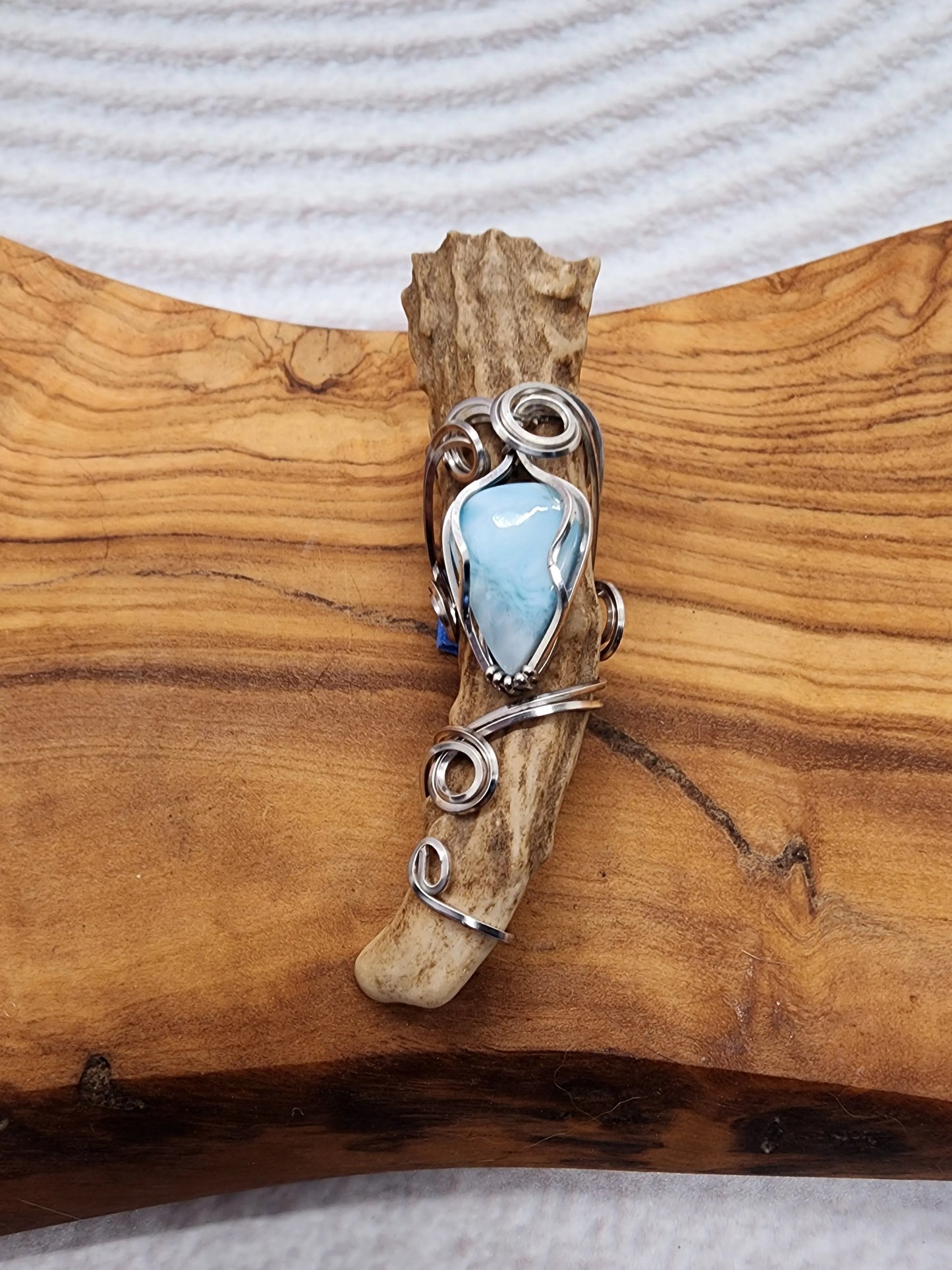 Wire Wrapped Larimar and Antler Pendant