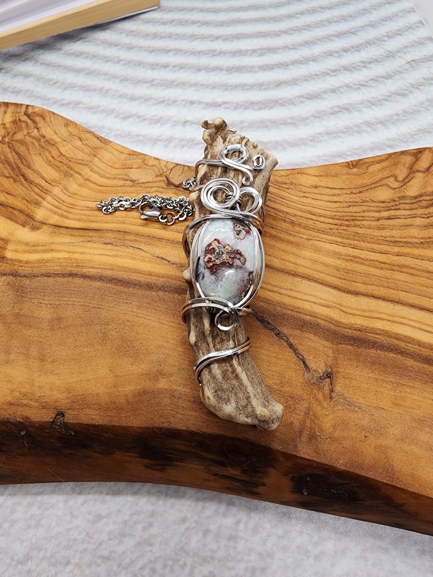 Wire Wrapped Larimar and Antler Pendant