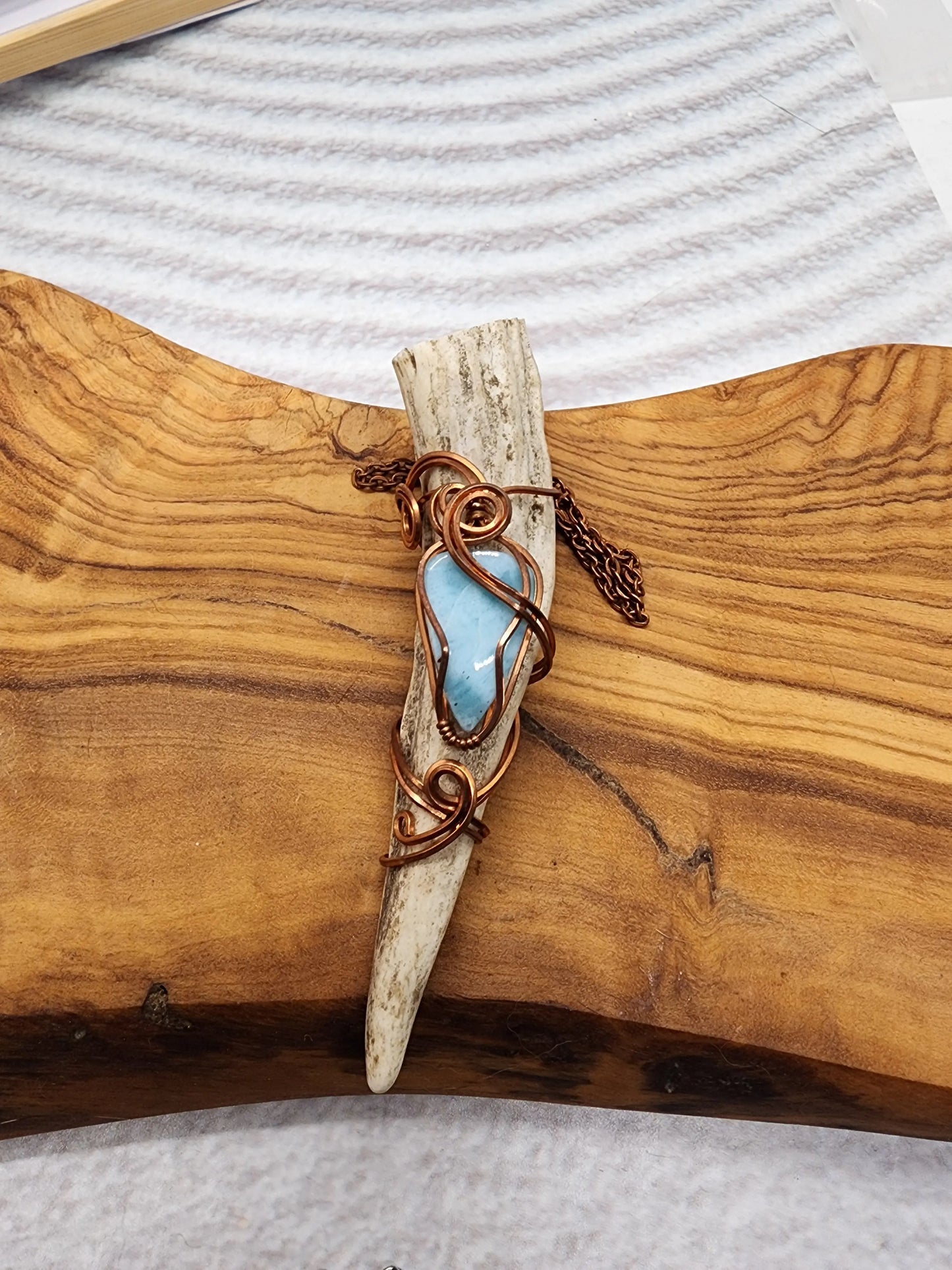 Wire Wrapped Larimar and Antler Pendant