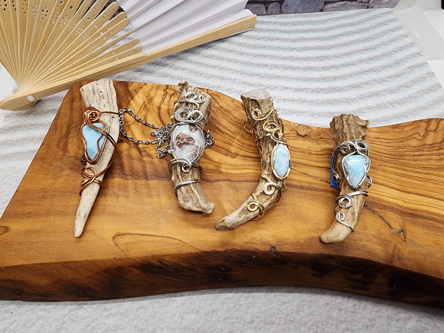 Wire Wrapped Larimar and Antler Pendant