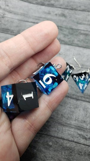 Blue Black Sharp Edge Iridescent Polyhedral Dice Earrings black, blue, dice earrings, sharp edge
