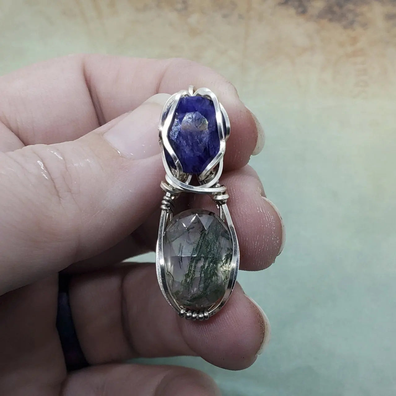 Blue Sapphire and Moss Agate Dual Stone Wire Wrapped Pendant, Protect Pendant - moonlitbeading