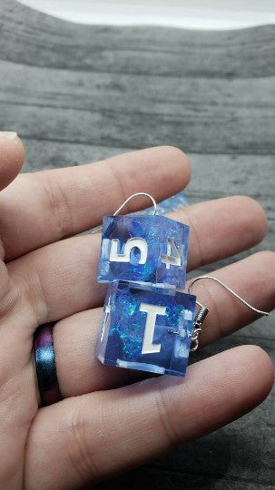 Blue Sharp Edge Iridescent Polyhedral Dice Earrings, DnD gift blue, dice earrings
