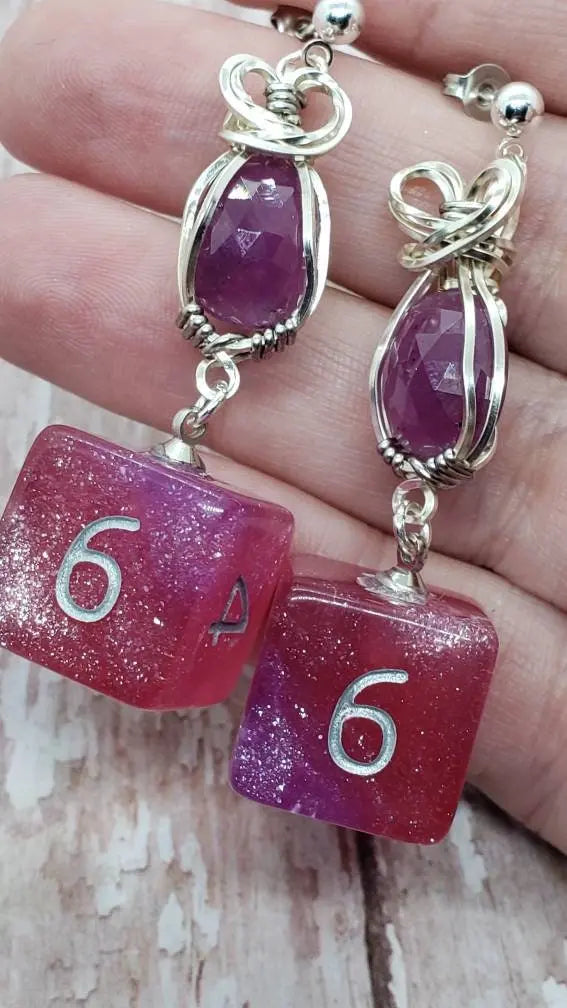 D6 Dice and Pink Sapphire Dangle Earrings - moonlitbeading
