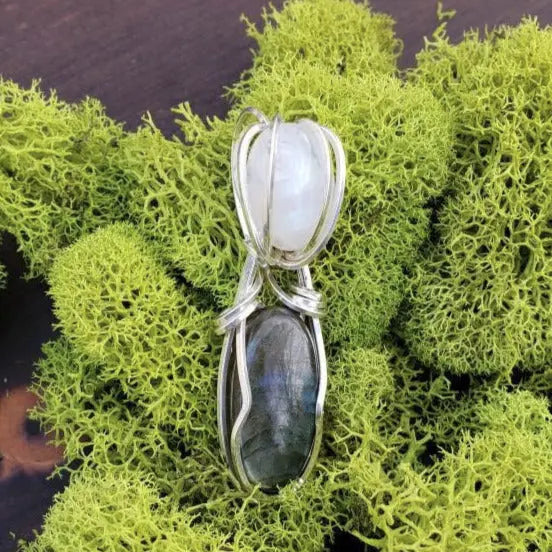 Labradorite and Moonstone, Dual Stone Wire Wrapped Pendant, Protect Pendant - moonlitbeading