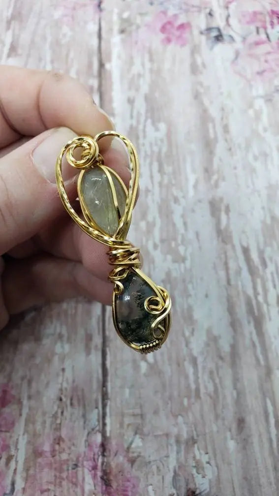 Labradorite and Moss Agate Statement Pendant - moonlitbeading