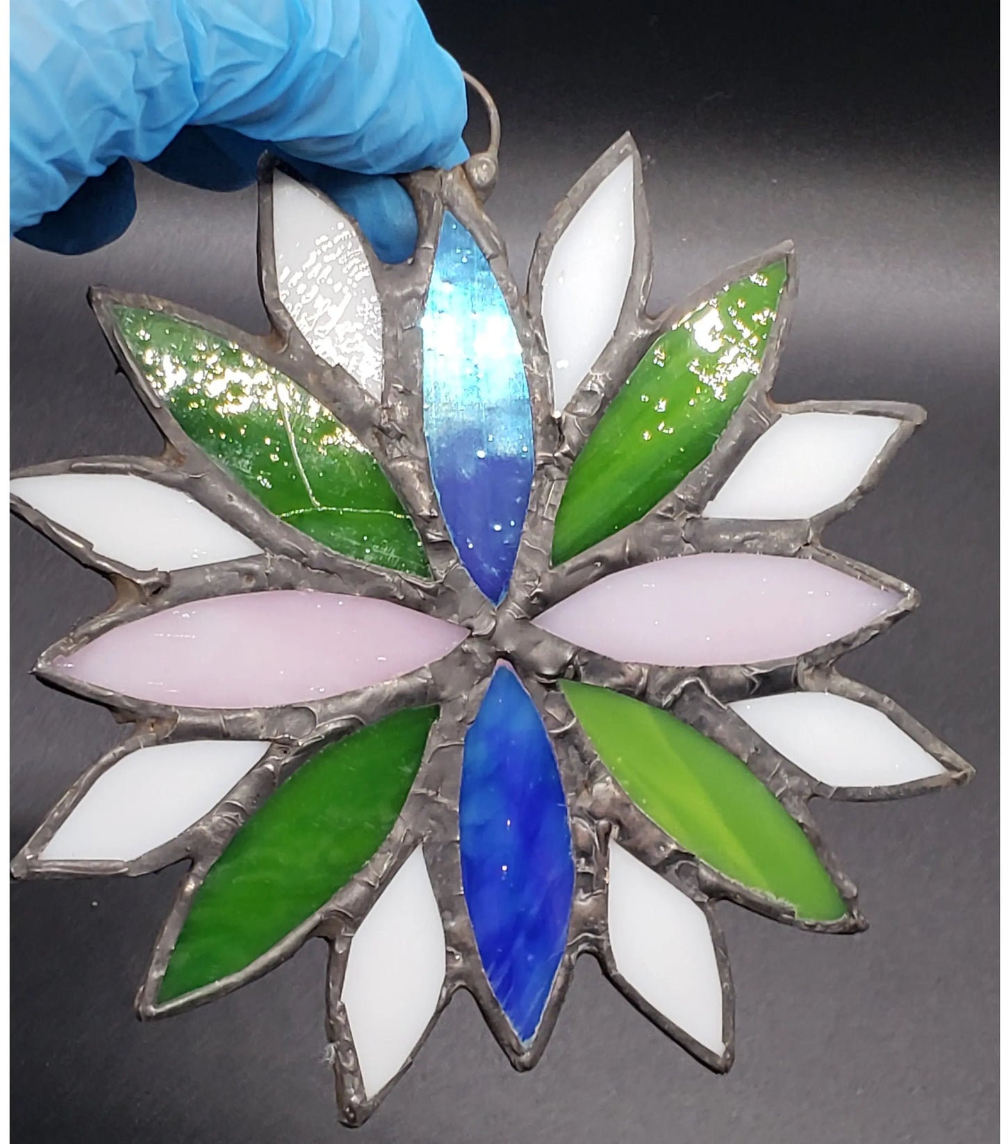 Large Genderqueer Flower Suncatcher, LGBTQ+ Floral stained glass genderqueer, green, lgbtq+, purple, stained glass, suncatcher