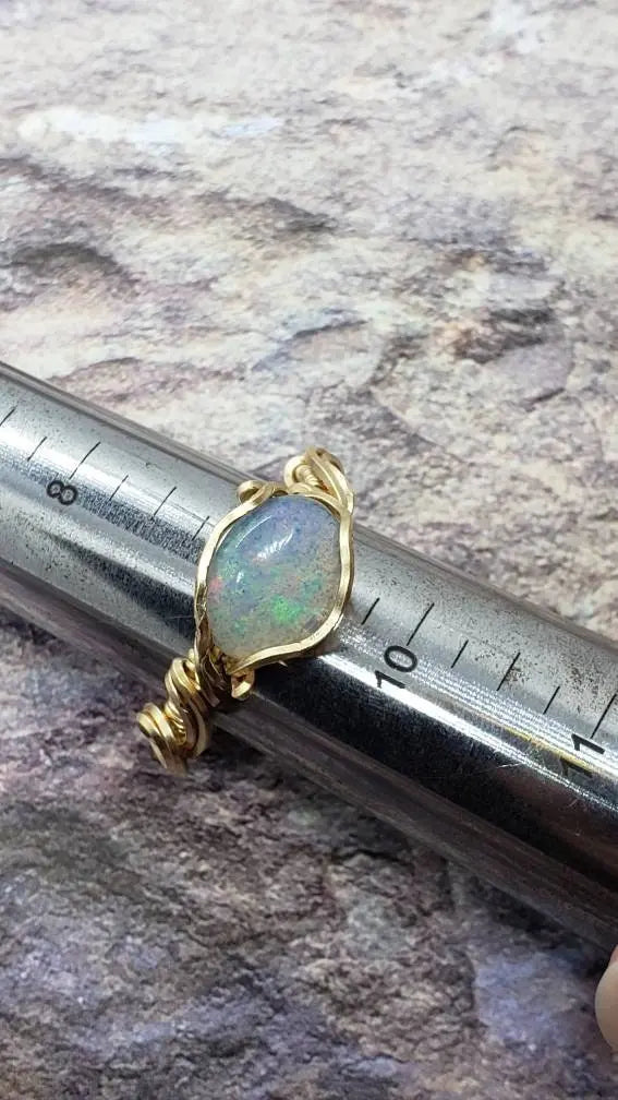 Opal Wire Wrapped Ring Size 9 - moonlitbeading