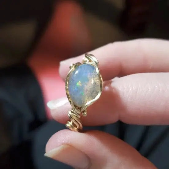 Opal Wire Wrapped Ring Size 9 - moonlitbeading