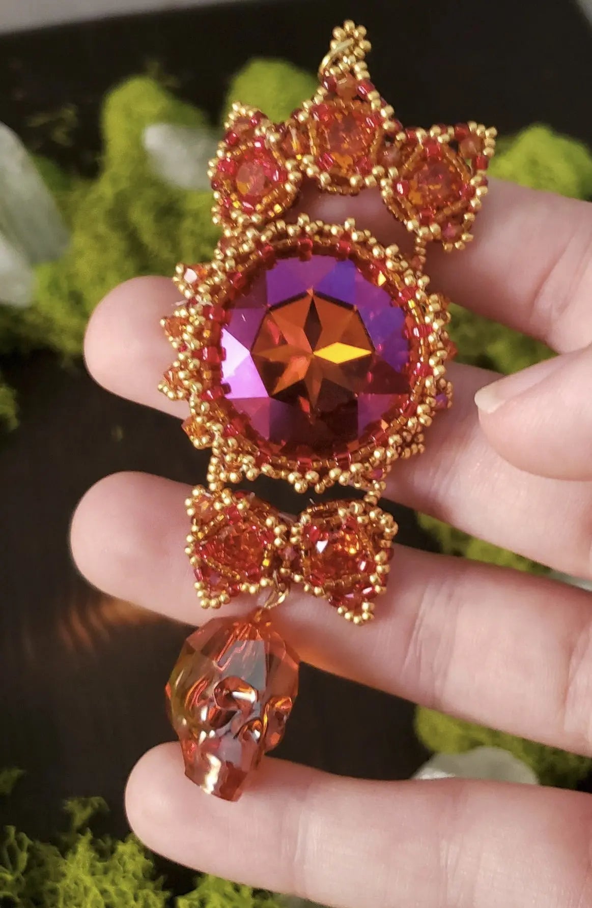 Orange Halloween Statement Pendant with Swarovski Crystal Skull beadwork, goth, halloween, orange, skull