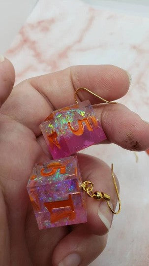 Pink Sharp Edge Iridescent Polyhedral Dice Earrings, DnD gift dice earrings