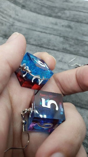 Red and Blue Sharp Edge Iridescent Polyhedral Dice Earrings, DnD gift dice earrings