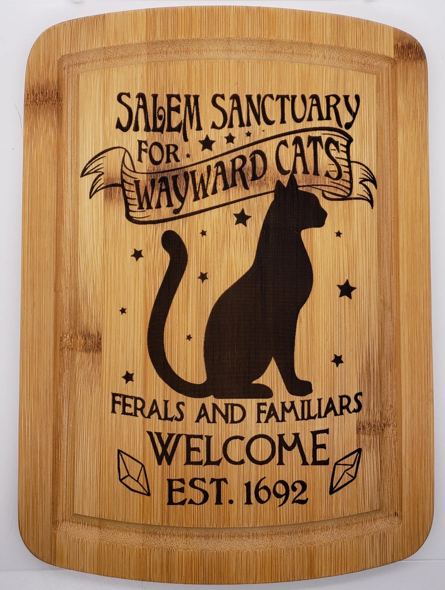 Salem Sanctuary For Wayward Cats Laser Engraved Cutting Board, Witchy Homewarming gift, Salem Witch Trials bamboo, cat, crystal cluster, cutting board, witch