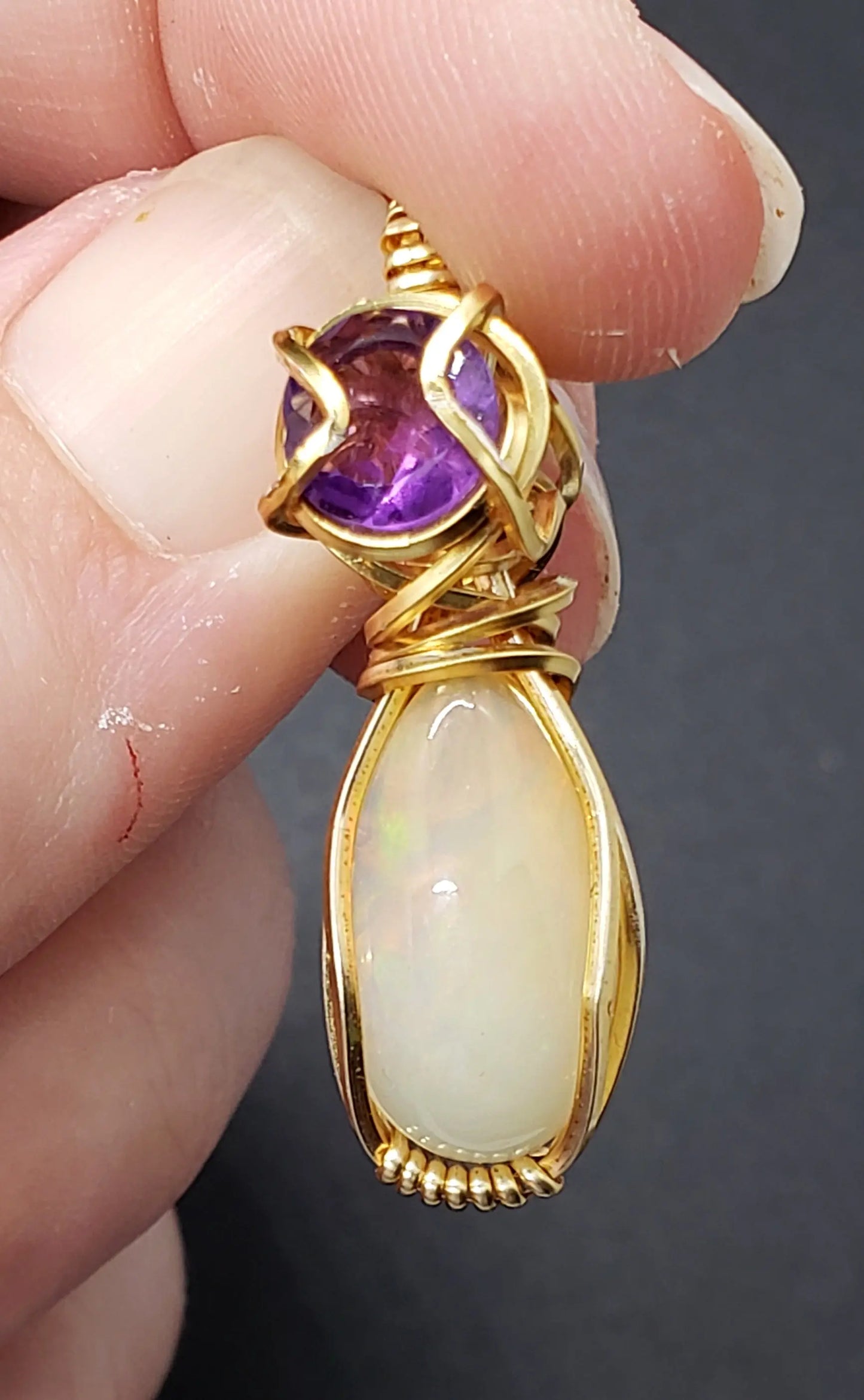White Opal and Amethyst Pendant, Petite Pendant Amethyst, gemstone pendant, opal