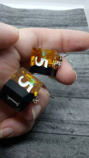 Yellow Black Sharp Edge Iridescent Polyhedral Dice Earrings, DnD gift dice earrings