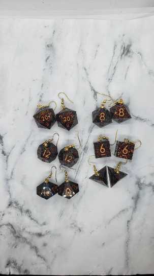 Green With Copper Ink Sharp Edge Iridescent Polyhedral Dice Earrings, DnD gift