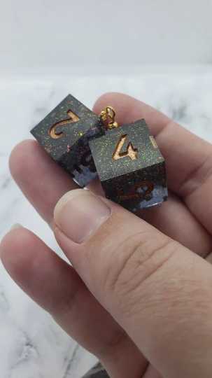 Green With Copper Ink Sharp Edge Iridescent Polyhedral Dice Earrings, DnD gift