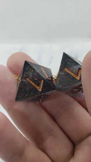 Green With Copper Ink Sharp Edge Iridescent Polyhedral Dice Earrings, DnD gift