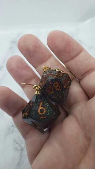 Green With Copper Ink Sharp Edge Iridescent Polyhedral Dice Earrings, DnD gift