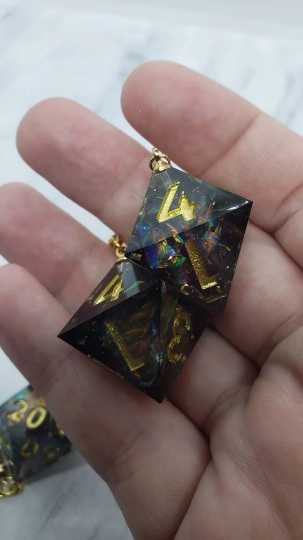 Green With Gold Ink Sharp Edge Iridescent Polyhedral Dice Earrings, DnD gift