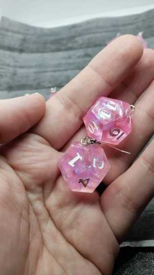 Pink Sharp Edge Iridescent Polyhedral Dice Earrings, DnD gift