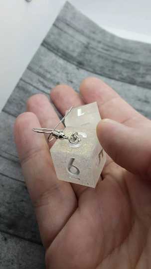 White Sharp Edge Iridescent Polyhedral Dice Earrings, DnD gift