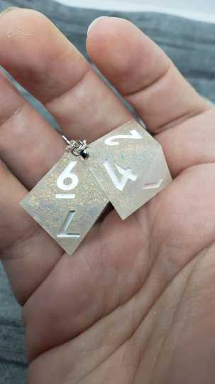 White Sharp Edge Iridescent Polyhedral Dice Earrings, DnD gift