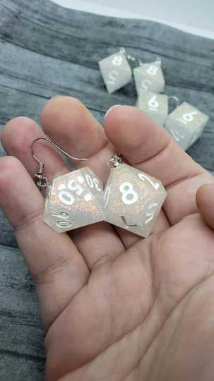 White Sharp Edge Iridescent Polyhedral Dice Earrings, DnD gift