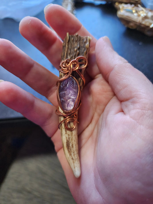 Wire Wrapped Amethyst and Antler Pendant moonlitbeading