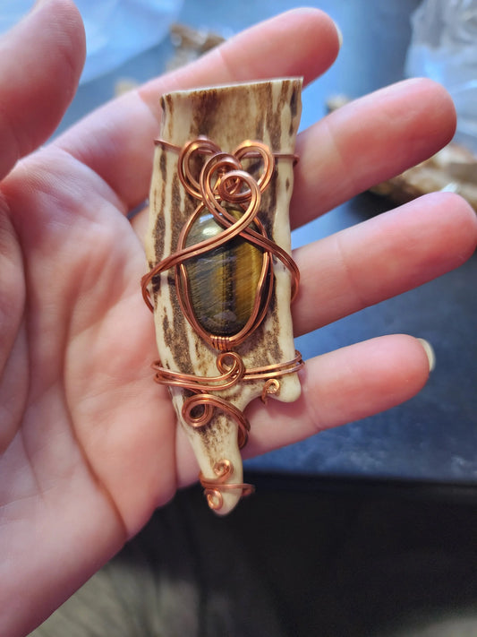 Wire Wrapped Tigers Eye and Antler Pendant moonlitbeading