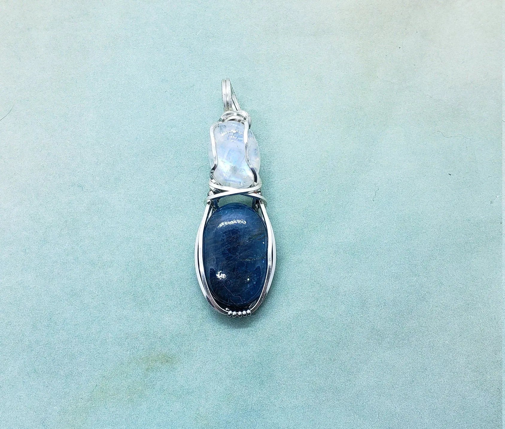 Apatite and Moonstone, Dual Stone Wire Wrapped Pendant, Protect Pendant - moonlitbeading