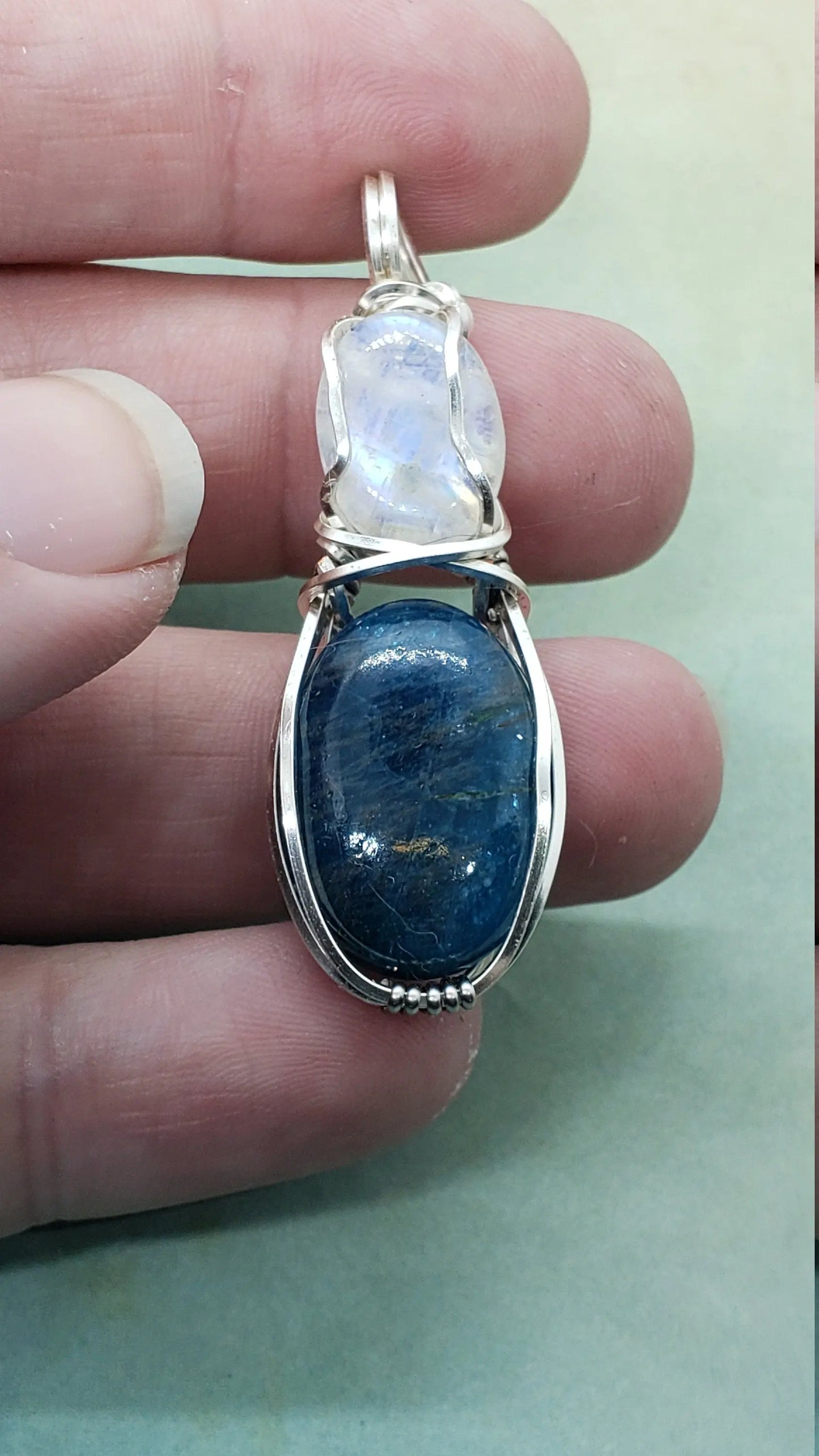 Apatite and Moonstone, Dual Stone Wire Wrapped Pendant, Protect Pendant - moonlitbeading