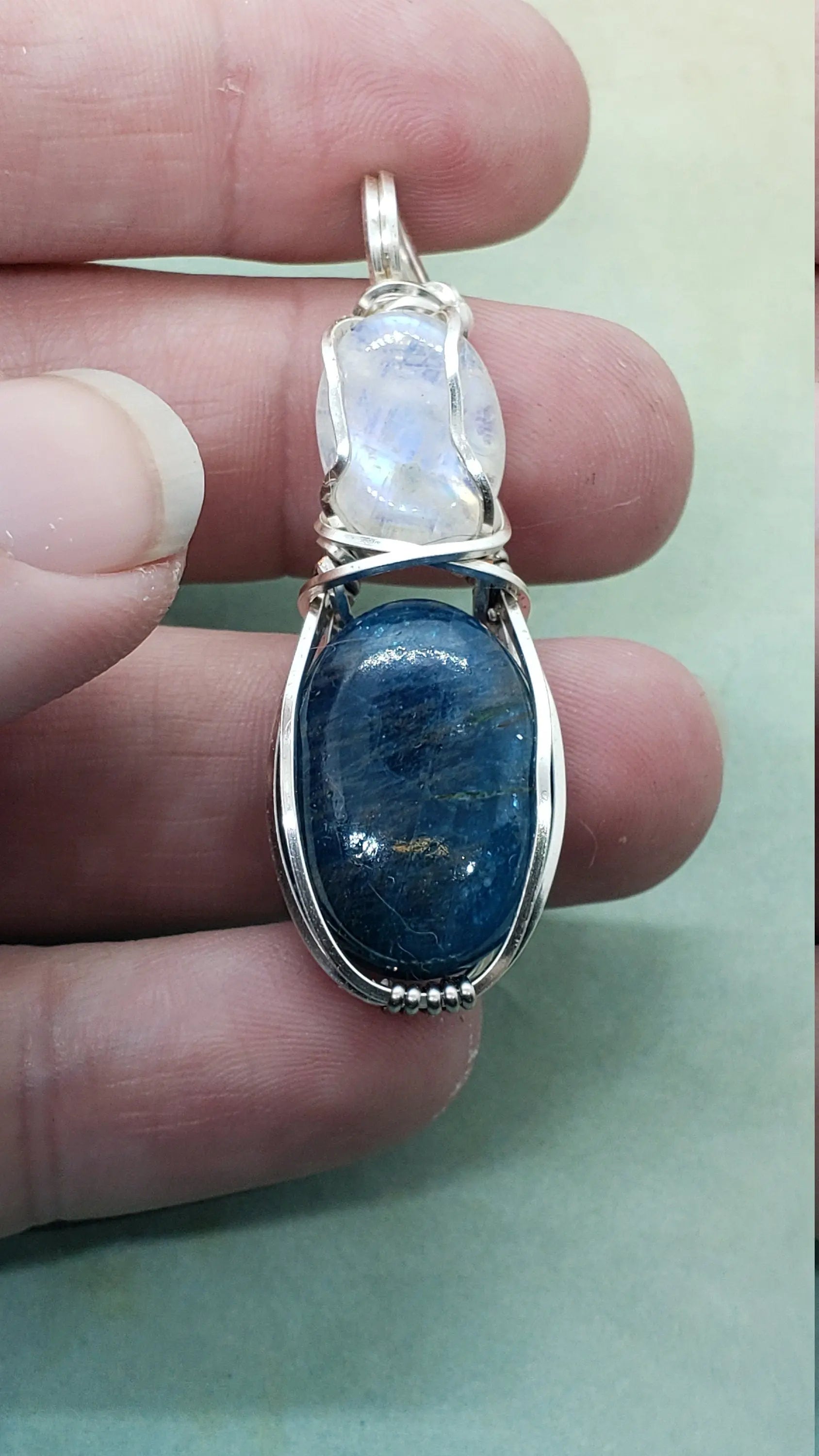 Apatite and Moonstone, Dual Stone Wire Wrapped Pendant, Protect Pendant - moonlitbeading