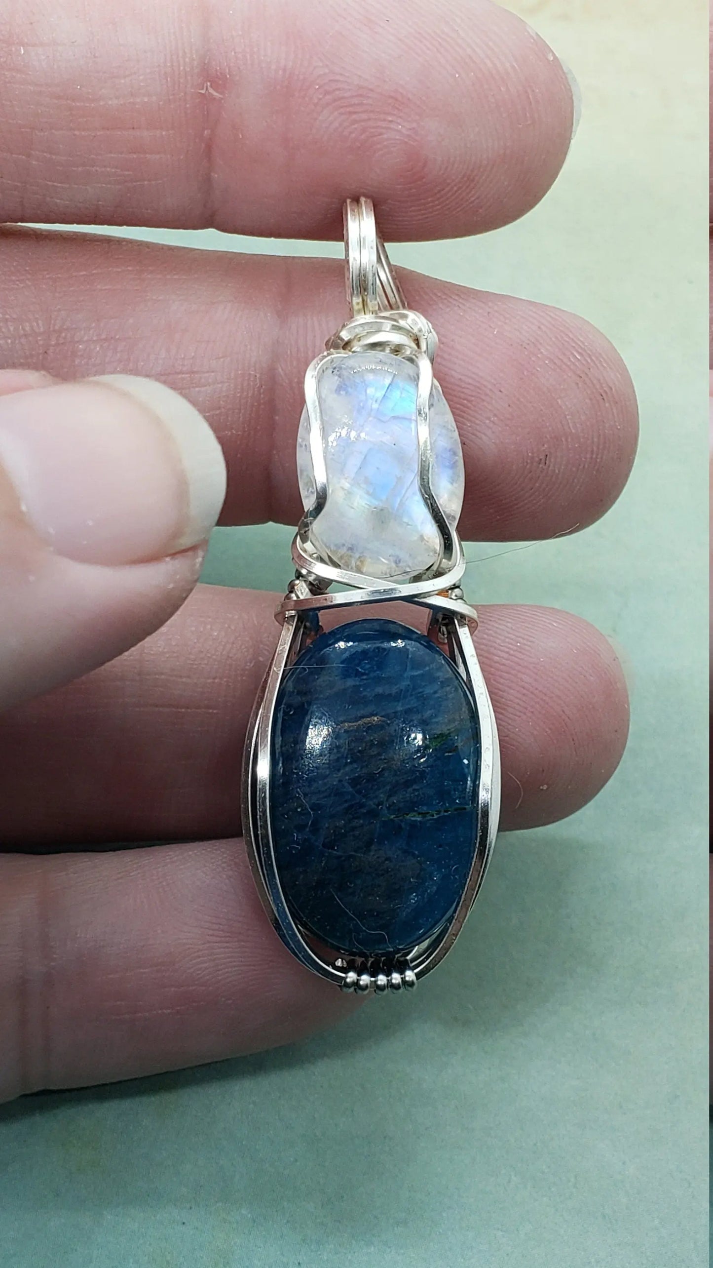 Apatite and Moonstone, Dual Stone Wire Wrapped Pendant, Protect Pendant - moonlitbeading