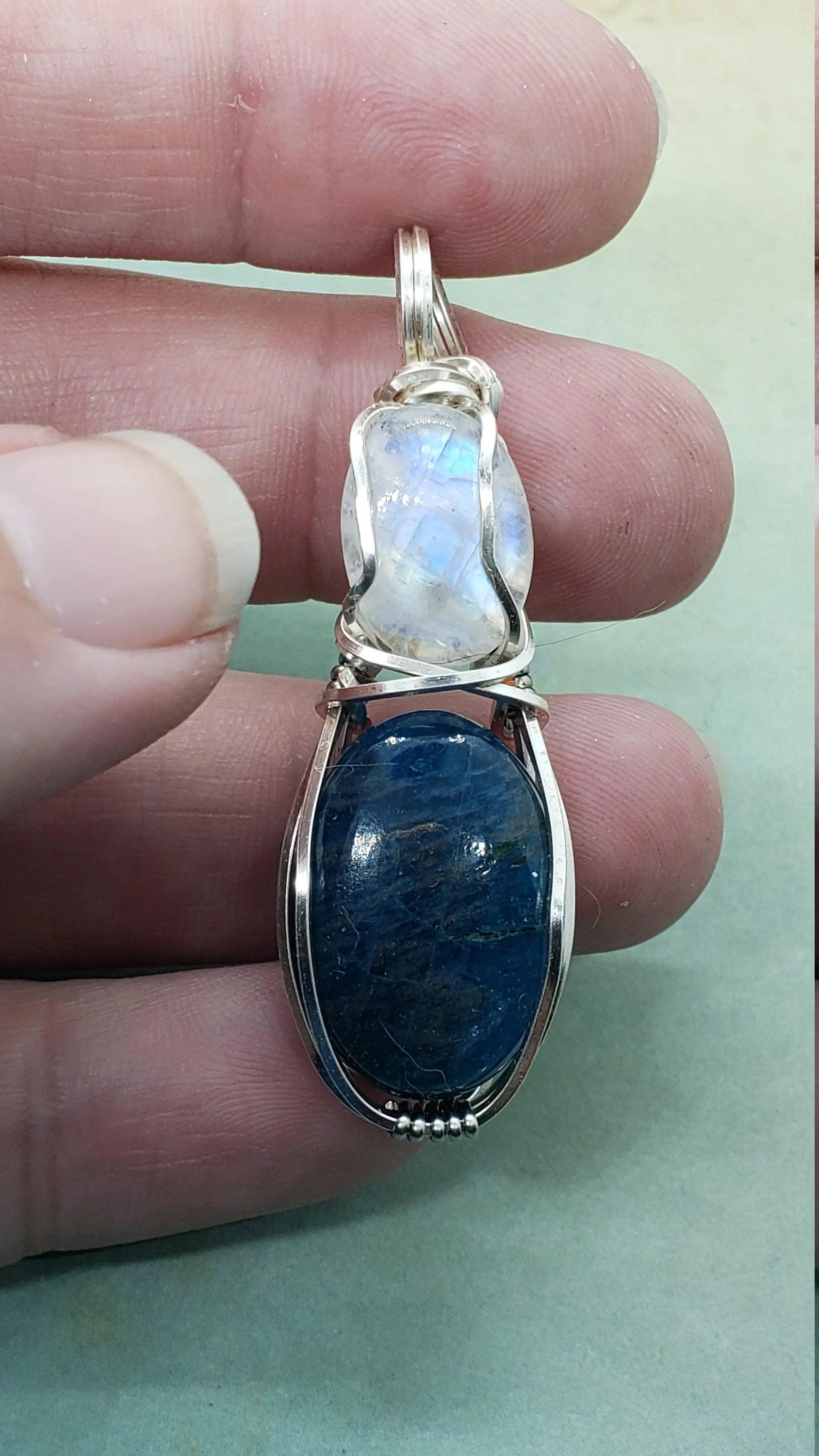 Apatite and Moonstone, Dual Stone Wire Wrapped Pendant, Protect Pendant - moonlitbeading