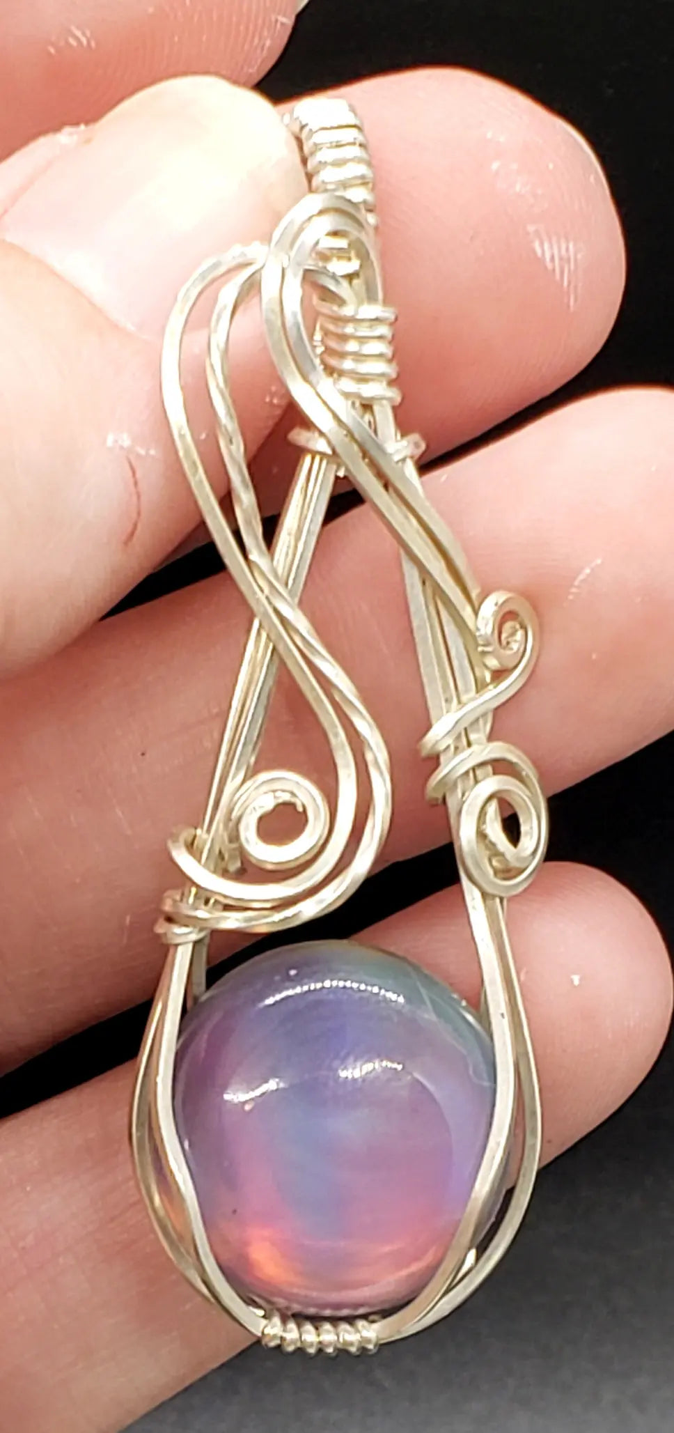 Aurora Opal Pendant, Floating Elven Crystal Pendant, Silver Wire    gemstone pendant, opal