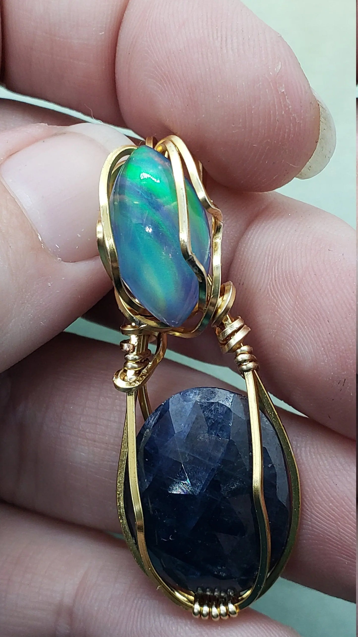 Aurora Opal and Blue Sapphire Pendant, Dual Stone Wire Wrapped Pendant, Protect Pendant - moonlitbeading