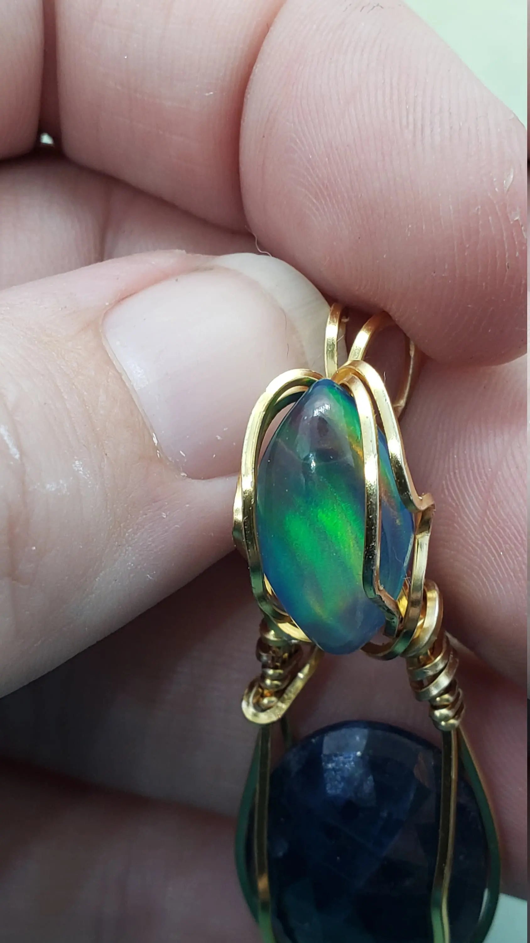 Aurora Opal and Blue Sapphire Pendant, Dual Stone Wire Wrapped Pendant, Protect Pendant - moonlitbeading