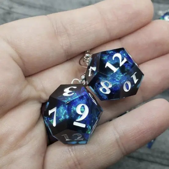 Blue Black Sharp Edge Iridescent Polyhedral Dice Earrings, DnD gift - moonlitbeading