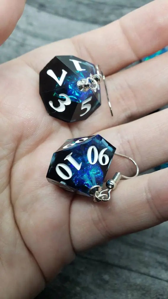 Blue Black Sharp Edge Iridescent Polyhedral Dice Earrings, DnD gift - moonlitbeading