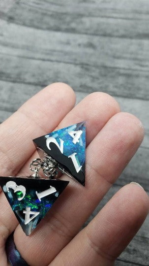 Blue Black Sharp Edge Iridescent Polyhedral Dice Earrings    black, blue, dice earrings, sharp edge