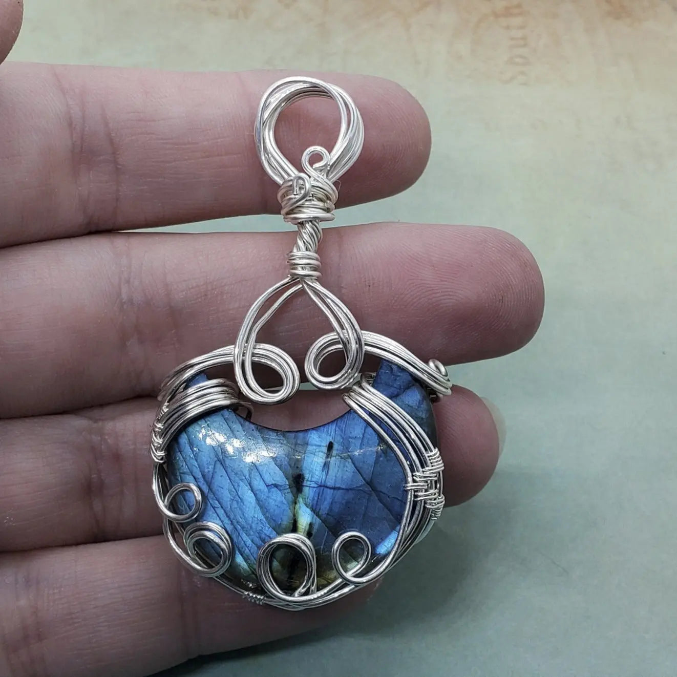 Blue Labradorite Crescent Moon Pendant    gemstone pendant, labradorite, moon, moon phase